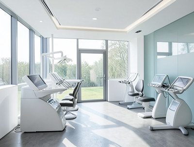 Modern dental clinic reception area with sleek design, natural light, and dental equipment displayed