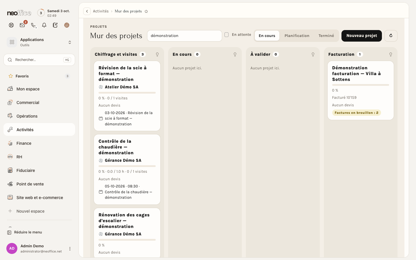 Le mur des projets, filtré sur les projets de démonstration
