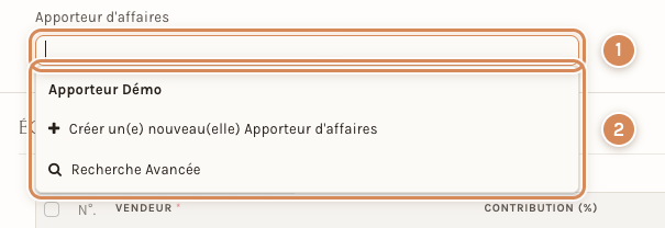 Le champ Apporteur d'affaires, ouvert sur sa liste