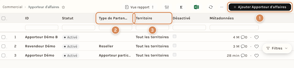 La liste des apporteurs d'affaires