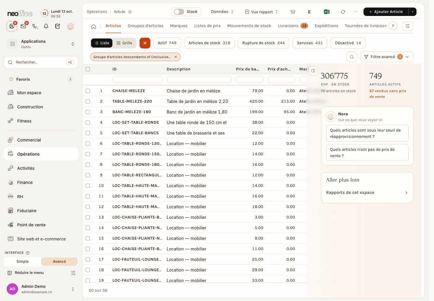 La liste des articles, ici filtrée sur le groupe Mobilier