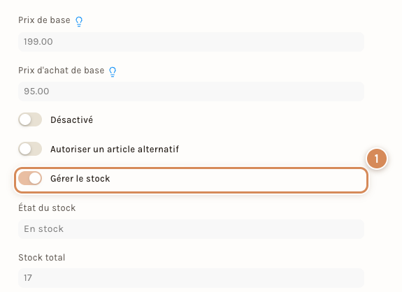 L'interrupteur Gérer le stock, grisé sur un article qui a des mouvements de stock