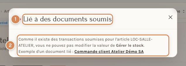 Le refus : un article déjà lié à une commande client validée ne change pas de Gérer le stock
