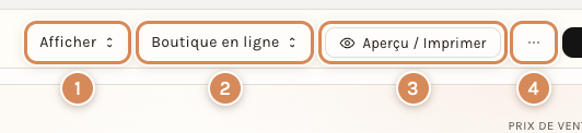 Le haut de la fiche : les menus Afficher, Boutique en ligne, Aperçu / Imprimer et ⋯