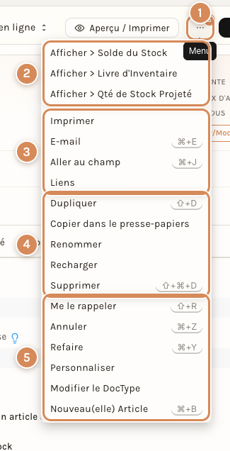 Le menu ⋯ ouvert : Afficher, Imprimer, E-mail, Aller au champ, Liens, Dupliquer, Renommer, Supprimer et les autres entrées