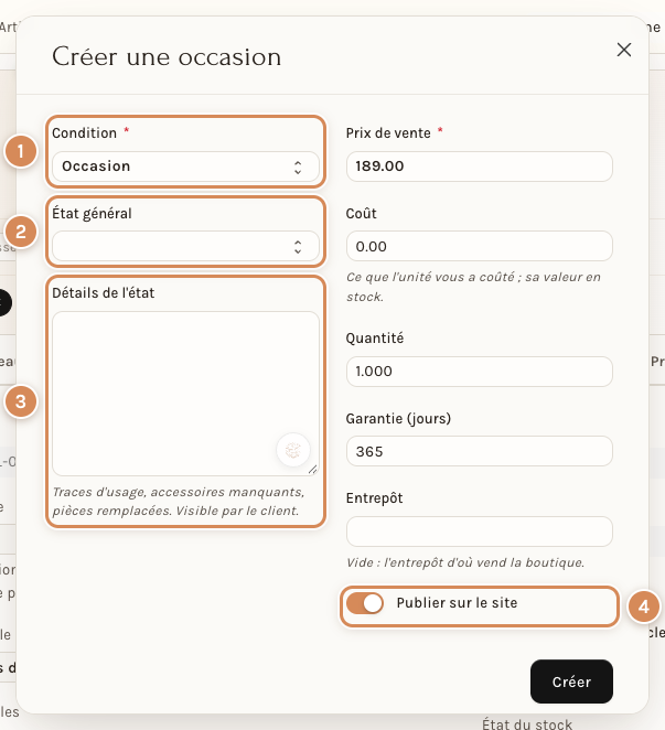 La fenêtre Créer une occasion