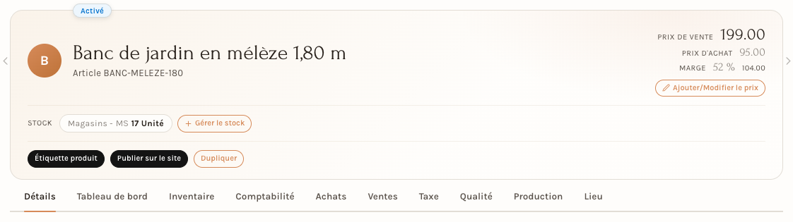 En-tête de la fiche : prix, marge, stock et actions