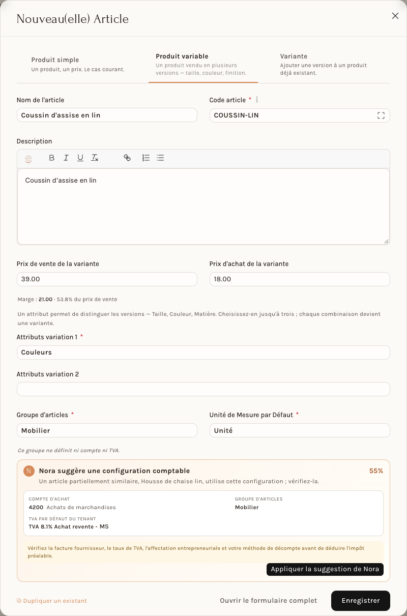 L'onglet Produit variable : le parent, avec les prix de ses variantes, ses attributs et la suggestion de Nora