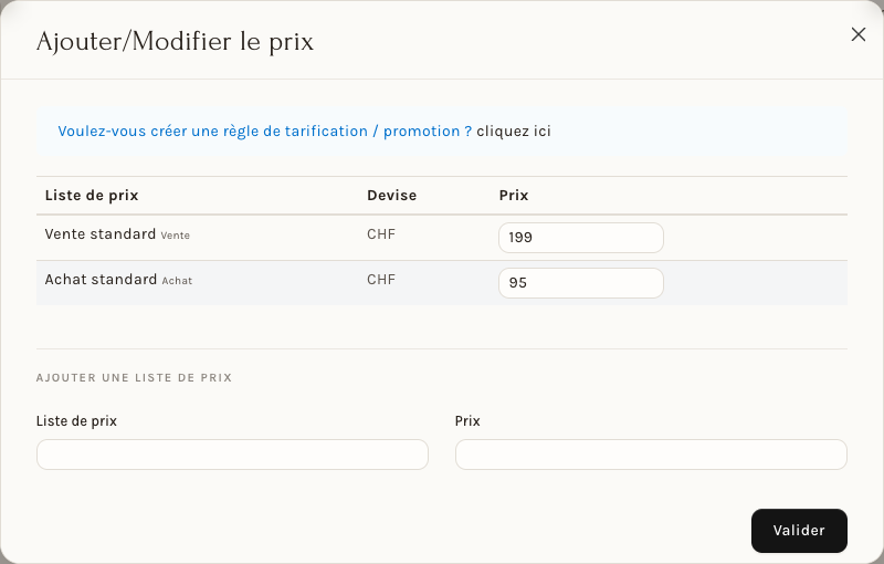 La fenêtre Ajouter/Modifier le prix