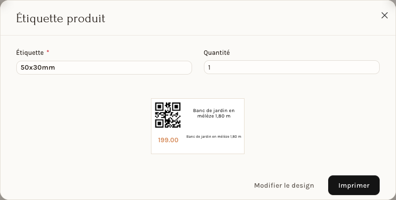 La fenêtre Étiquette produit