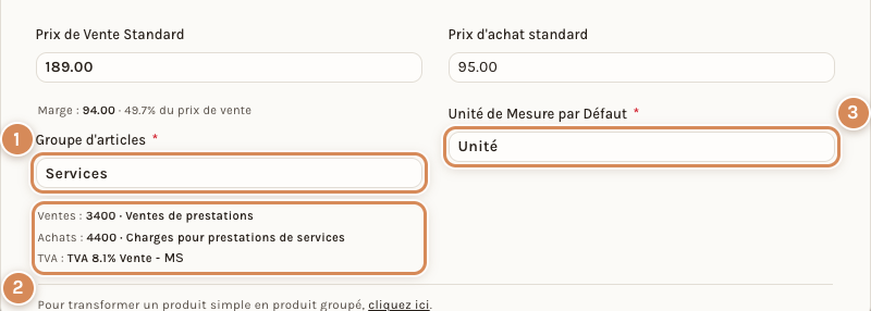 Le groupe Services et l'unité de mesure dans la fenêtre de création