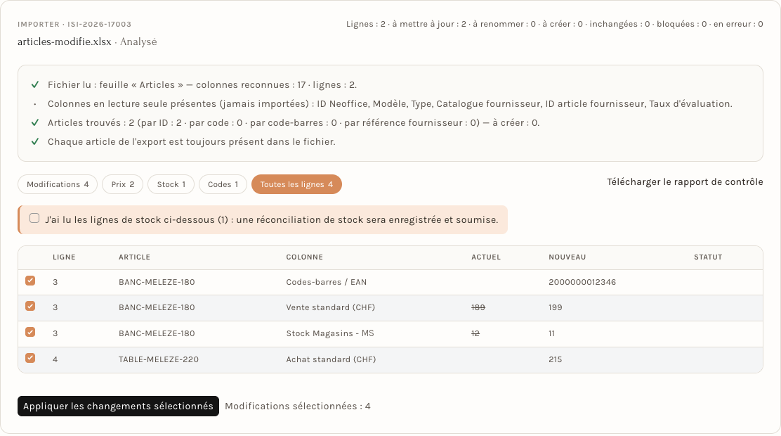 L'aperçu avant application : contrôle du fichier, filtres et changements ligne par ligne