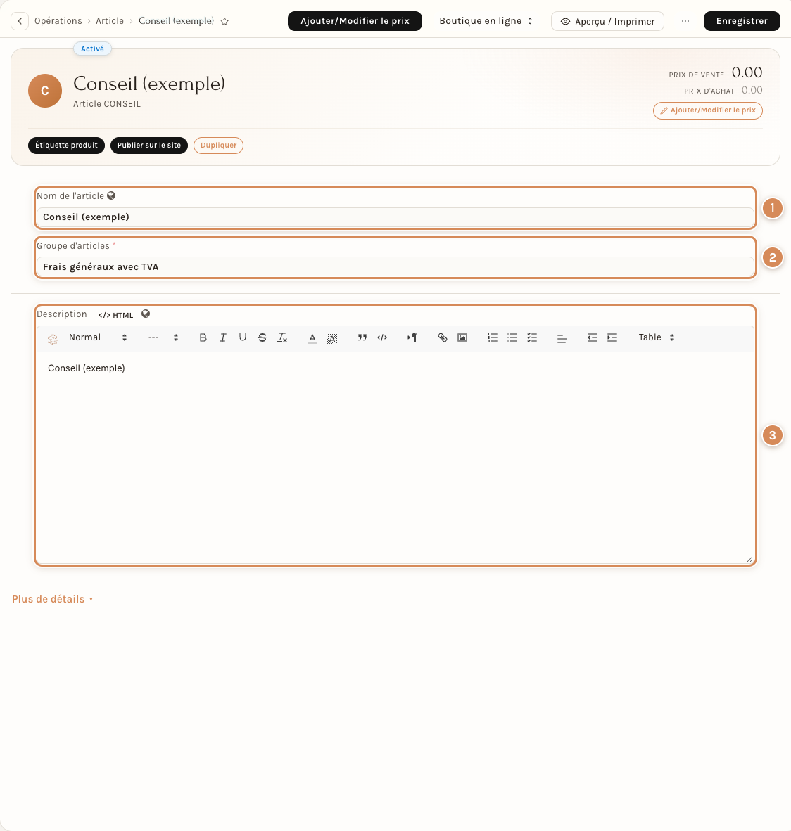 La fiche d'un article en interface Simple : l'en-tête, le nom, le groupe et la description