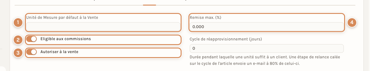 L'onglet Ventes : l'unité de vente, les commissions, l'autorisation de vendre et la remise maximale