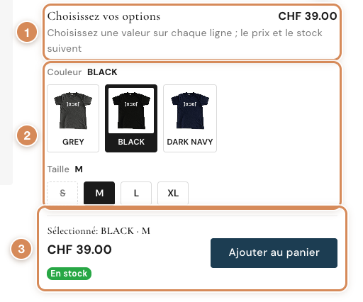Les options d'un article à variantes dans la boutique : la couleur, la taille, le choix fait