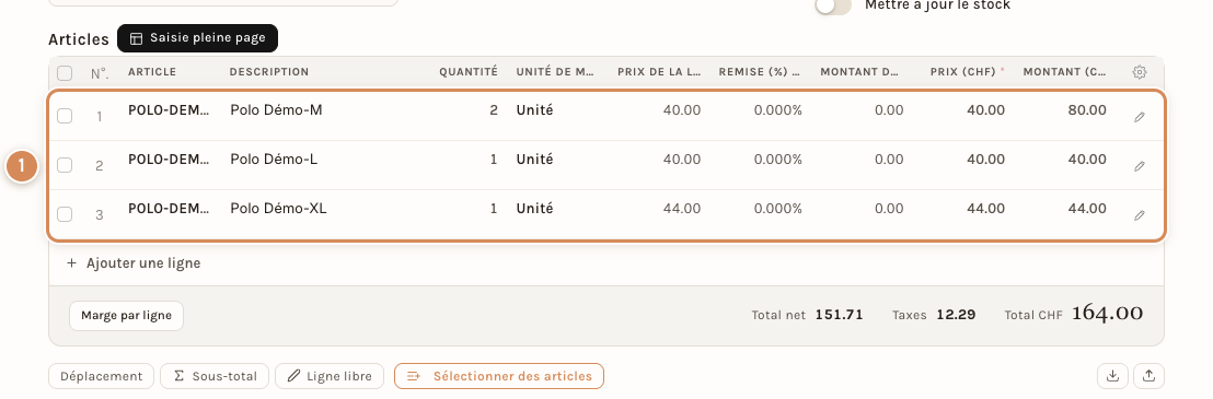 Les lignes d'une facture de vente : une ligne par variante