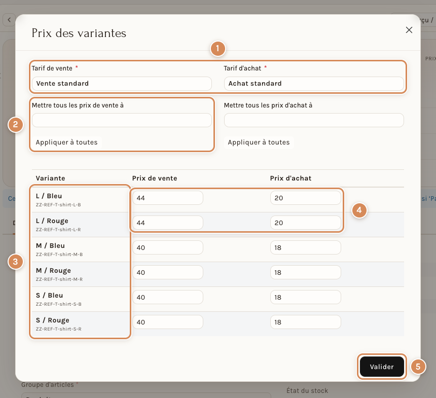 La fenêtre Prix des variantes