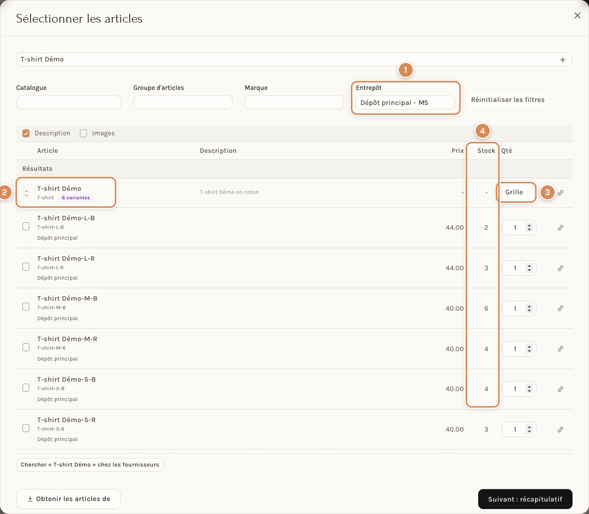 La sélection d'articles, avec un article parent et ses variantes