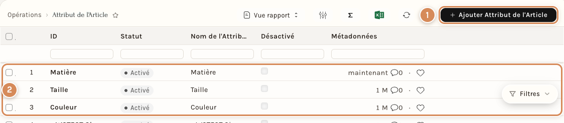 La liste des attributs, avec le nouvel attribut Matière en tête