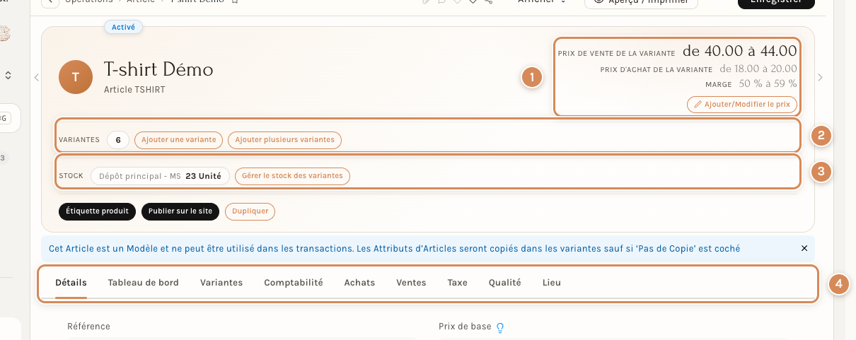 La fiche de l'article parent (le modèle)