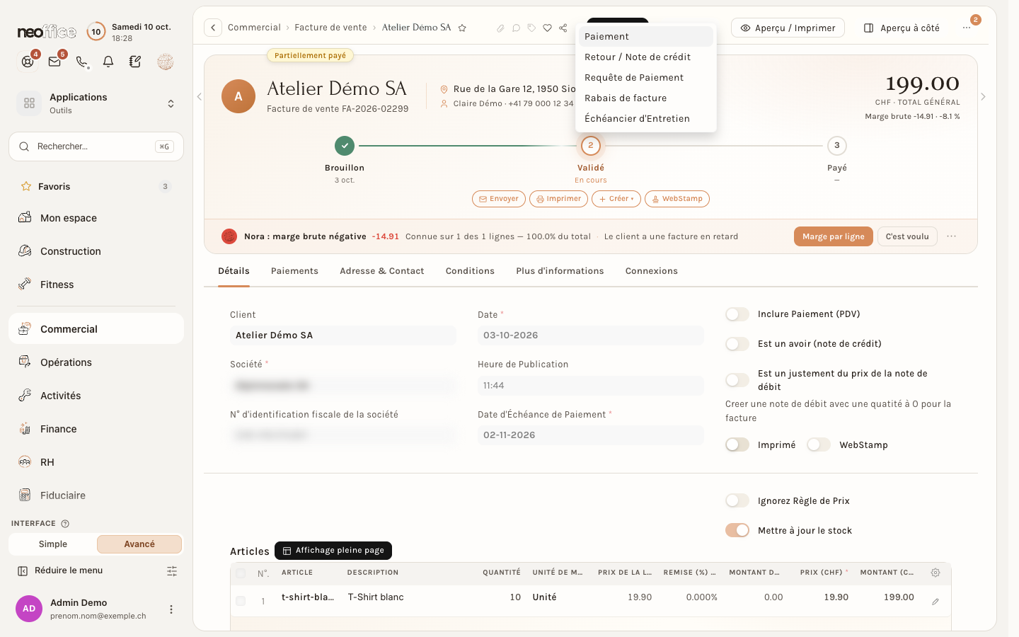 Le menu Créer d'une facture validée : Paiement, Retour / Note de crédit, Requête de Paiement, Rabais de facture, Échéancier d'Entretien