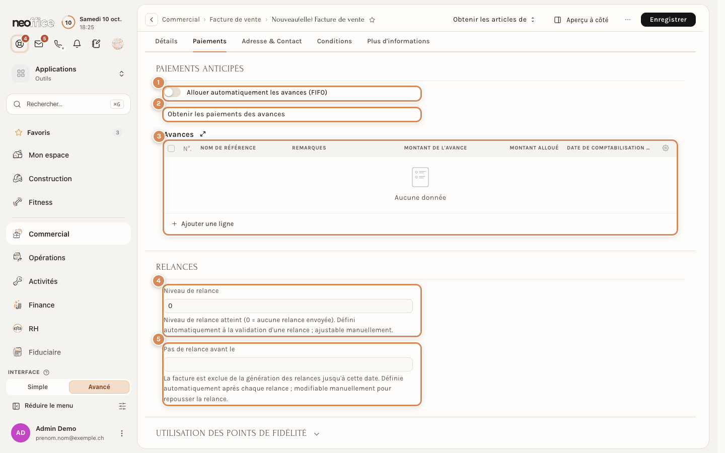 L'onglet Paiements : avances, relance