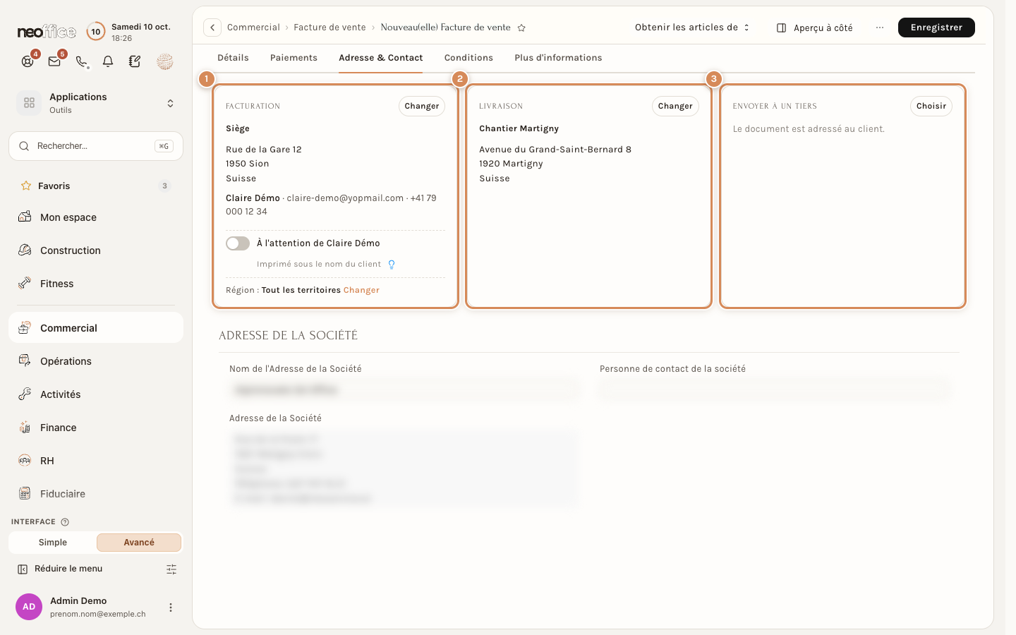 L'onglet Adresse & Contact : les cartes Facturation, Livraison et Envoyer à un tiers