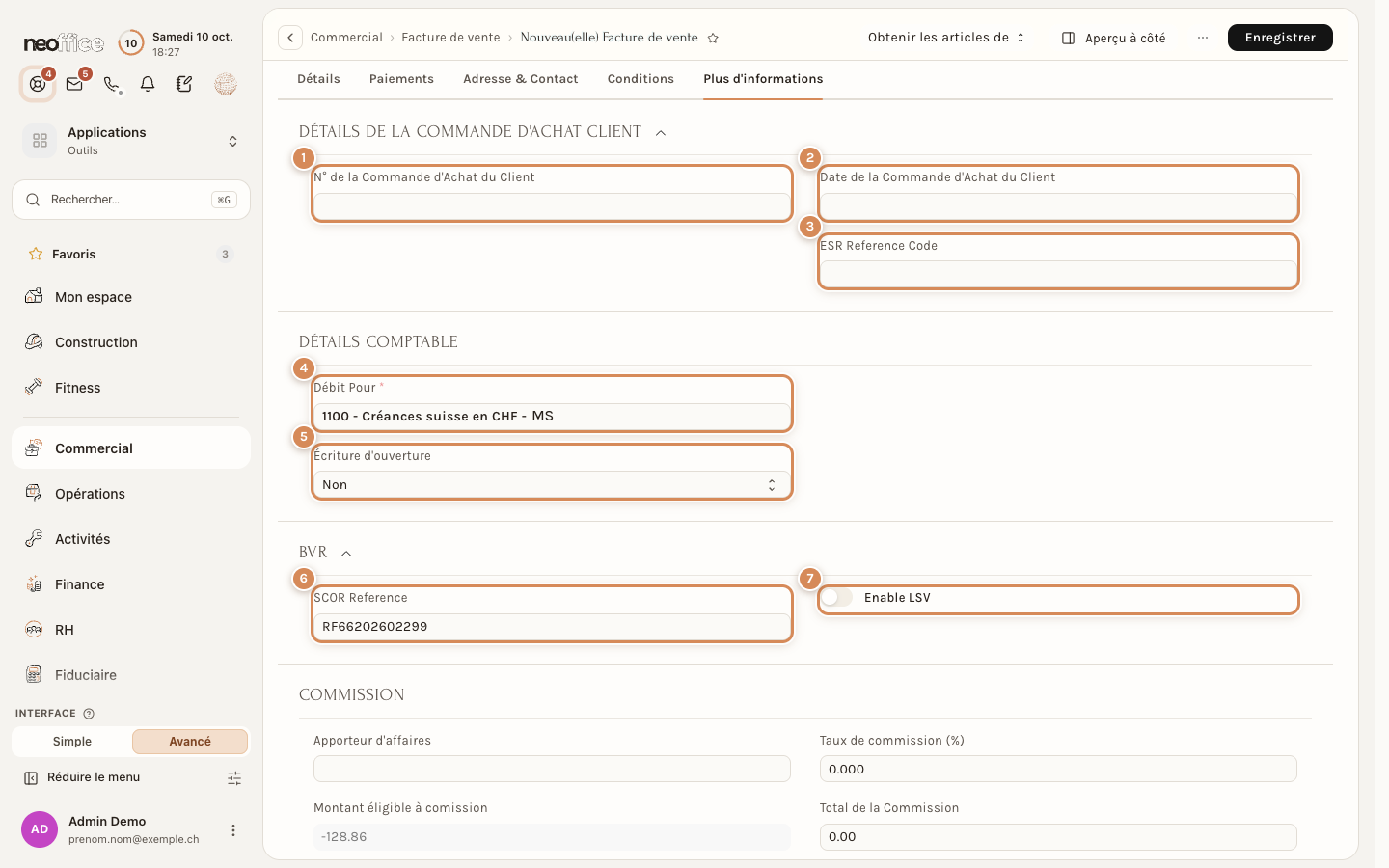 L'onglet Plus d'informations : commande du client, détails comptables, BVR