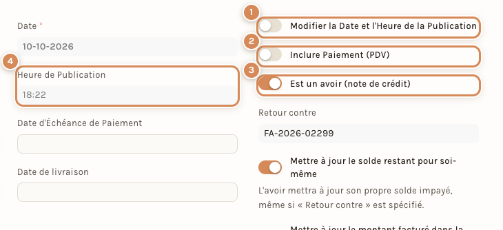 Les champs que l'on touche rarement : date et heure, paiement PDV, Est un avoir (note de crédit)