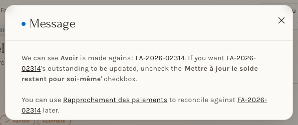 La fenêtre Message d'une note de crédit : un avoir est établi sur la facture FA-…