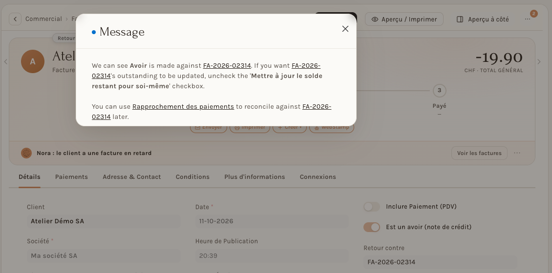 La fenêtre Message ouverte à la validation d'une note de crédit, sur le formulaire validé
