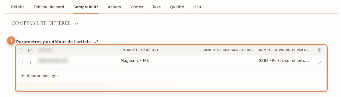 L'onglet Comptabilité de l'article : le compte de produits par défaut est le 3295