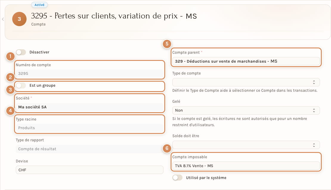 Le compte 3295 : numéro, groupe, société, type racine, compte parent et compte imposable