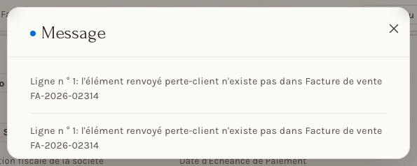 Le message sur l'article qui n'existe pas dans la facture d'origine : à fermer