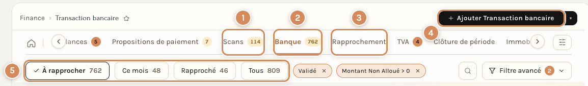 Les onglets Scans, Banque et Rapprochement de l'espace Finance, le bouton Ajouter Transaction bancaire et les vues de la liste Banque