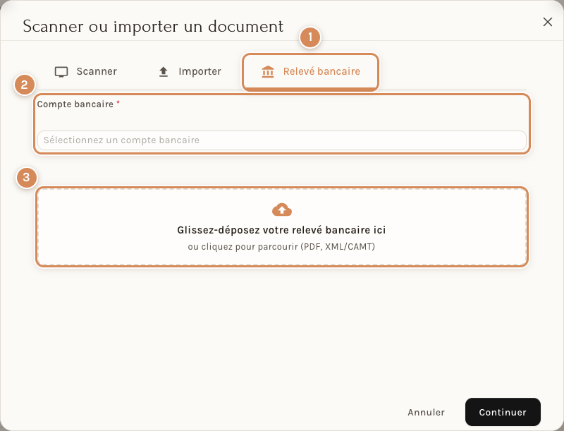 La fenêtre Scanner ou importer un document, sur l'onglet Relevé bancaire
