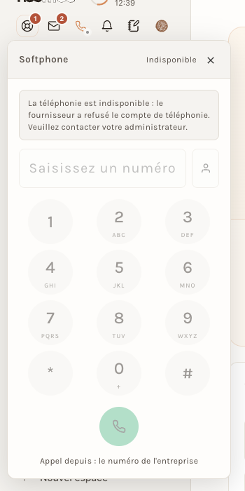 Le panneau Softphone, ici indisponible