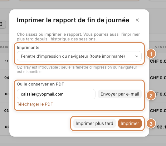 La fenêtre Imprimer le rapport de fin de journée (prise sur la démo ; l'adresse est un exemple)