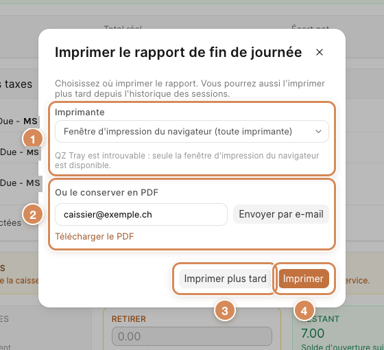 La fenêtre Imprimer le rapport de fin de journée, avec la liste des imprimantes et le bloc PDF