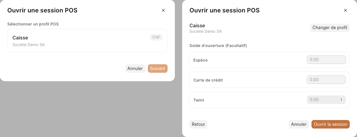 Les deux étapes de la fenêtre Ouvrir une session POS : le profil, puis le solde d'ouverture