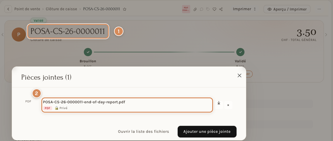 La clôture de caisse avec le rapport en pièce jointe : le numéro de la clôture (cadre 1) et le fichier joint, listé dans la fenêtre Pièces jointes ouverte par le trombone (cadre 2)