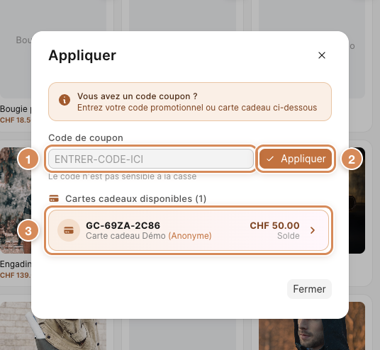 La fenêtre Appliquer : le code de coupon et les cartes cadeaux disponibles