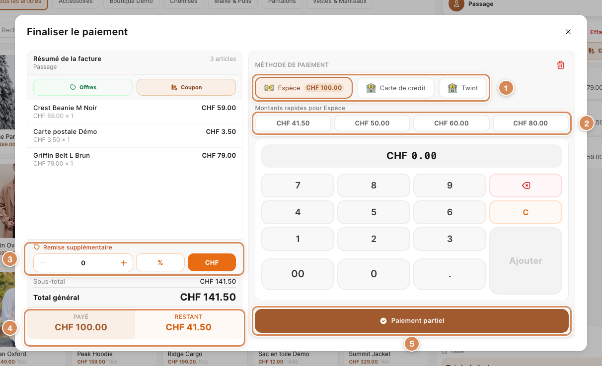 La fenêtre Finaliser le paiement avec un paiement partiel de CHF 100.00 sur CHF 141.50