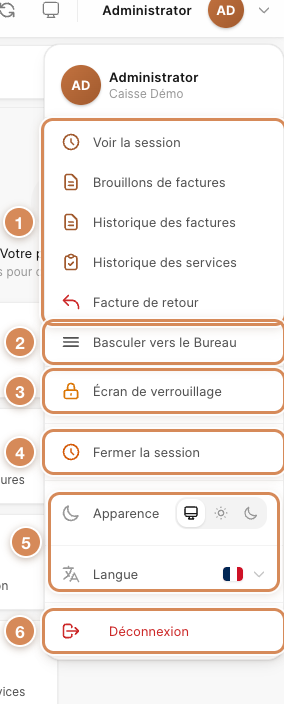 Le menu de l'utilisateur de la caisse