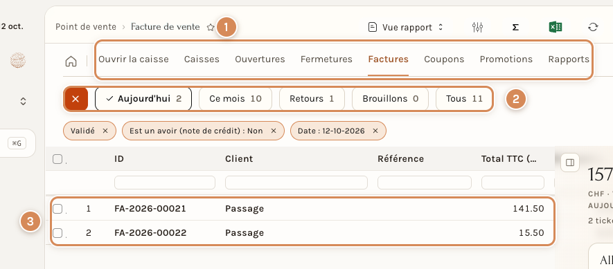 L'onglet Factures de l'espace Point de vente