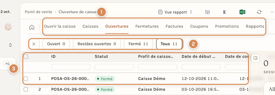 L'onglet Ouvertures de l'espace Point de vente