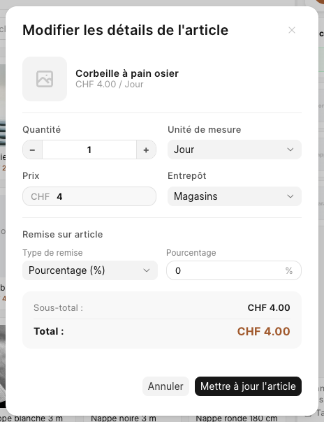 La fenêtre Modifier les détails de l'article