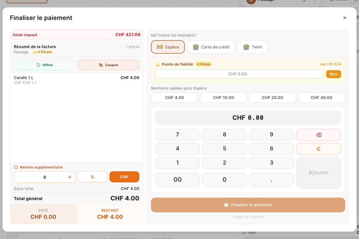 La fenêtre de paiement avec les trois modes du profil