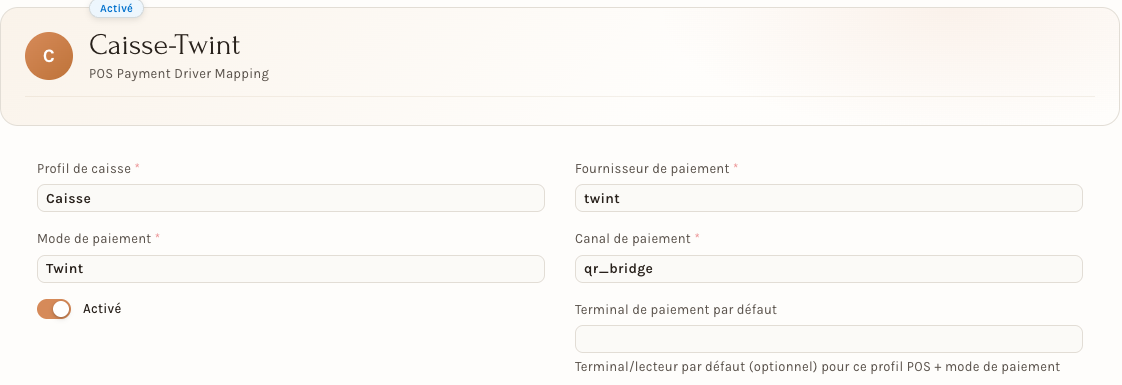 Le routage du mode Twint : prestataire TWINT, canal qr_bridge, sans terminal