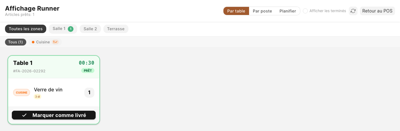 L'écran du runner : le plat prêt de la Table 1